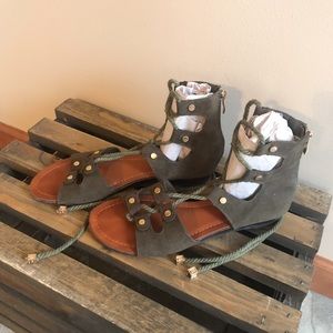 Olive Green Suede Lace-Up Sandals